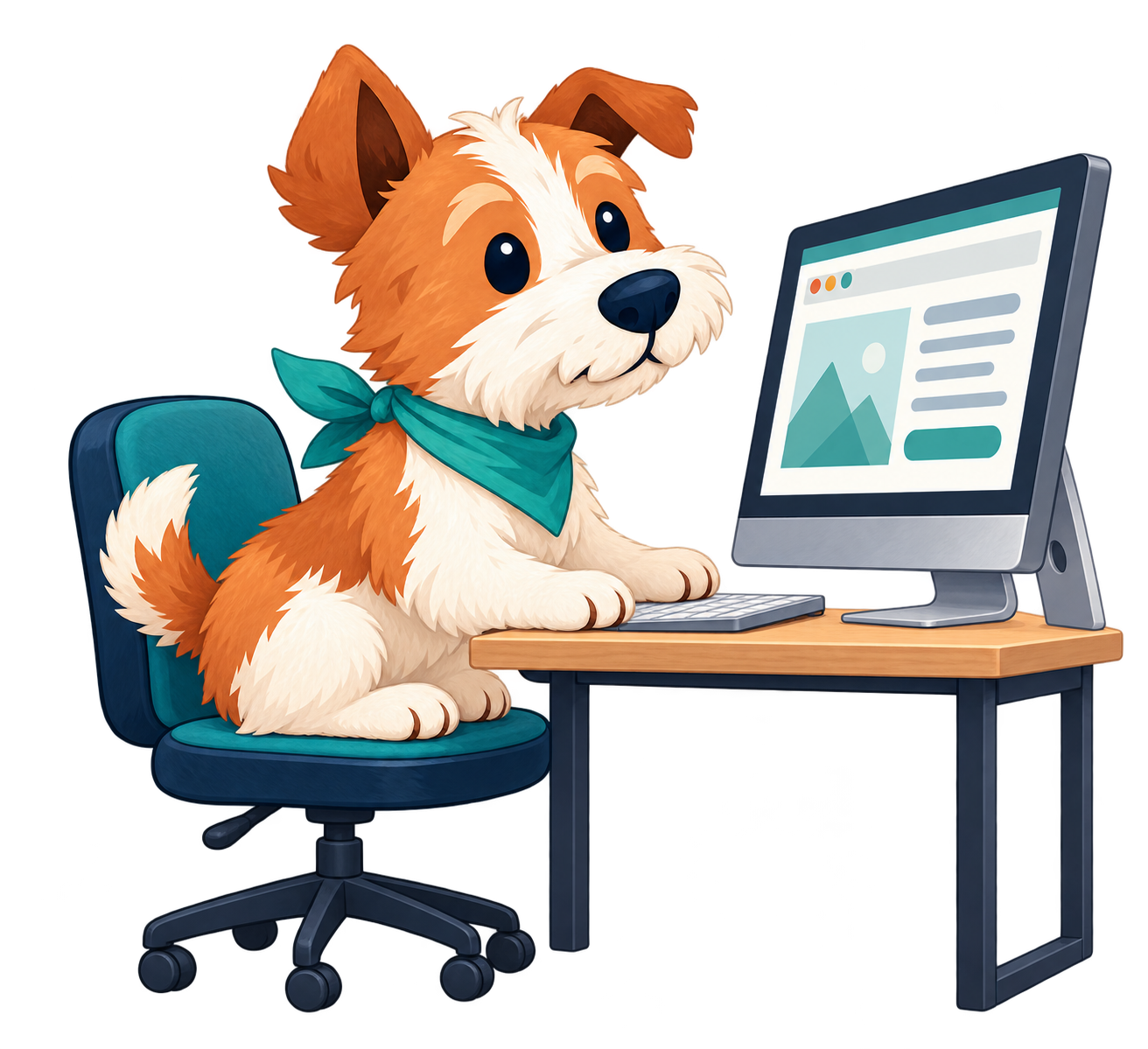 Terrier reviewing a website on a desktop computer